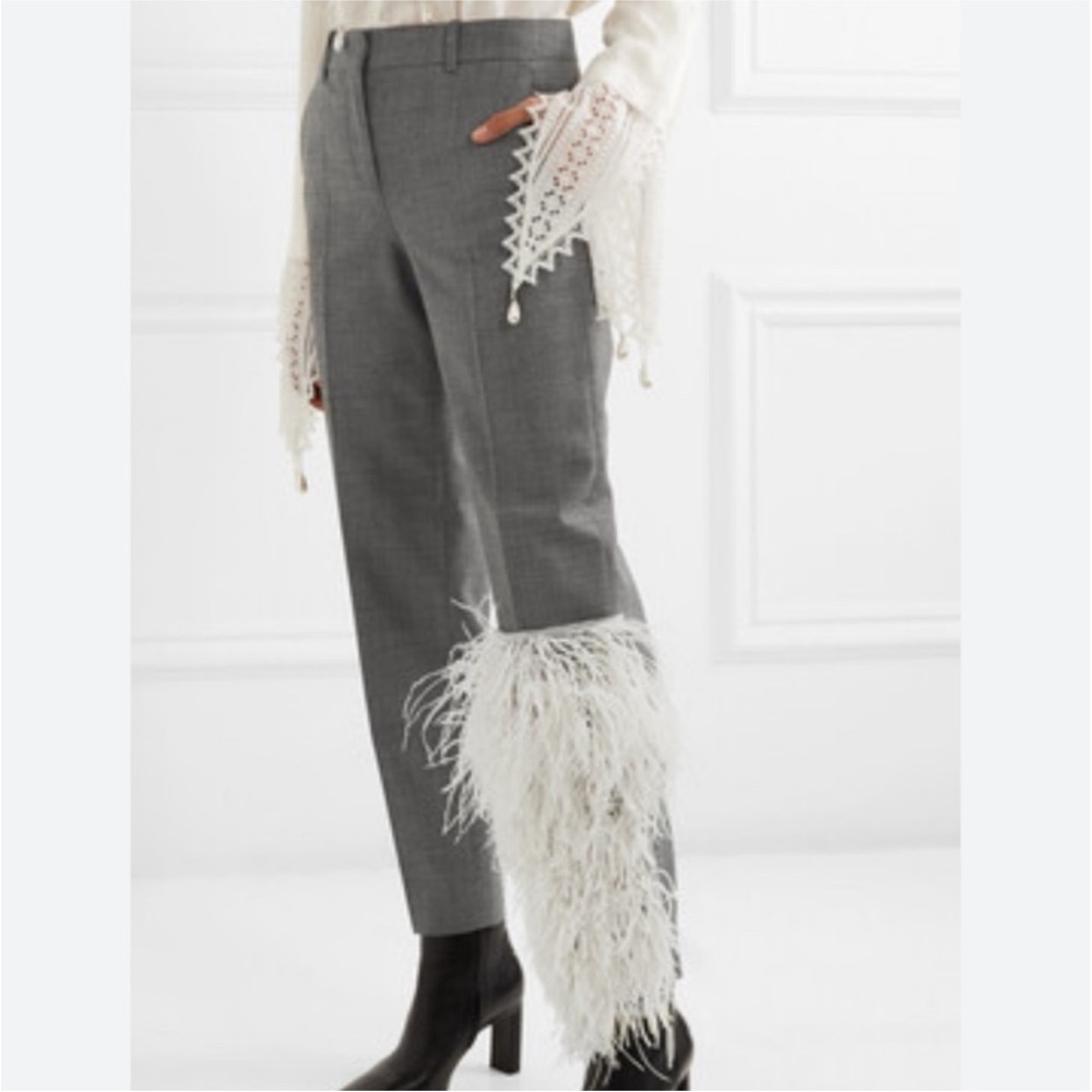 LOEWE Worn Once! Wool Trousers w/Ostrich Feathers in Grey White Size 6